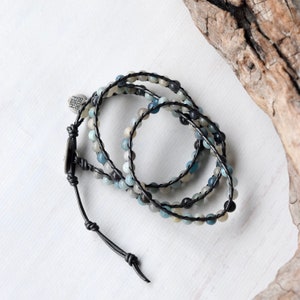 Beaded Wrap Bracelet For Women, Sea Blue Troilite Gemstone Bracelet, Beach Jewelry, Boho Leather Bracelet For Her image 10
