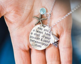 Long Beach Charm Necklace, Sterling Silver Beach Lover Necklace, May You Always Have A Shell In Your Pocket, Beach Lover Jewelry
