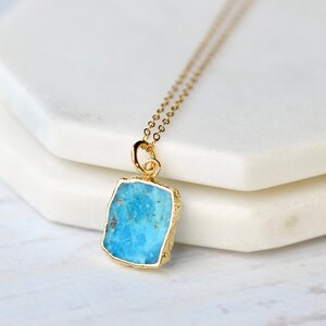 Genuine Turquoise Slice Pendant Necklace, Dainty Turquoise and Gold Necklace Gift For Women, Turquoise Necklace For Her image 4