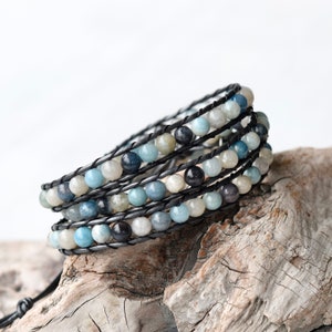 Beaded Wrap Bracelet For Women, Sea Blue Troilite Gemstone Bracelet, Beach Jewelry, Boho Leather Bracelet For Her image 7