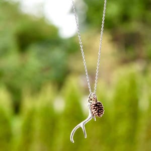 Dainty Antler Necklace, Branch Necklace, Small Silver Antler Necklace, Sweet Rose Gold Pinecone, Woodland Necklace image 6