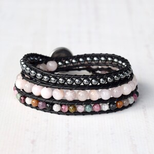 Rose Quartz, Tourmaline, and Hematite Beaded Leather Wrap Bracelet For Women image 3