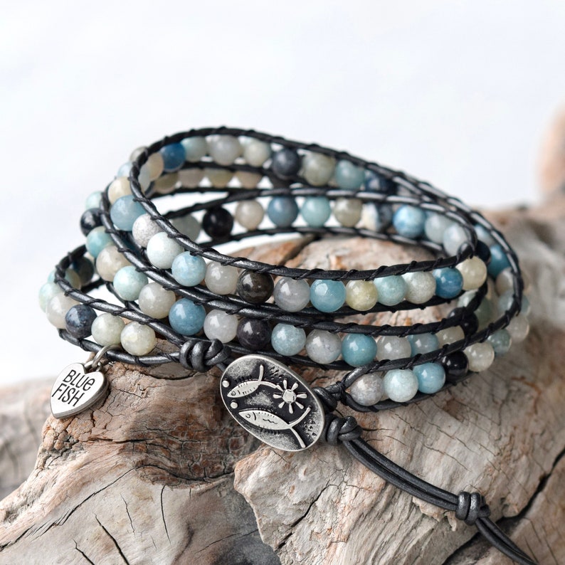 Beaded Wrap Bracelet For Women, Sea Blue Troilite Gemstone Bracelet, Beach Jewelry, Boho Leather Bracelet For Her image 2