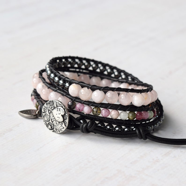 Rose Quartz, Tourmaline, and Hematite Beaded Leather Wrap Bracelet For Women image 7