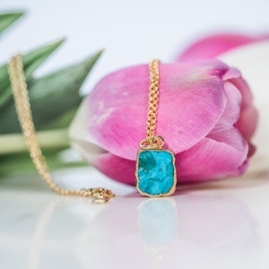 Genuine Turquoise Slice Pendant Necklace, Dainty Turquoise and Gold Necklace Gift For Women, Turquoise Necklace For Her image 7