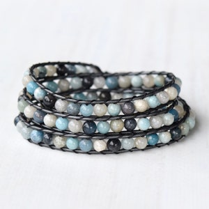 Beaded Wrap Bracelet For Women, Sea Blue Troilite Gemstone Bracelet, Beach Jewelry, Boho Leather Bracelet For Her image 6