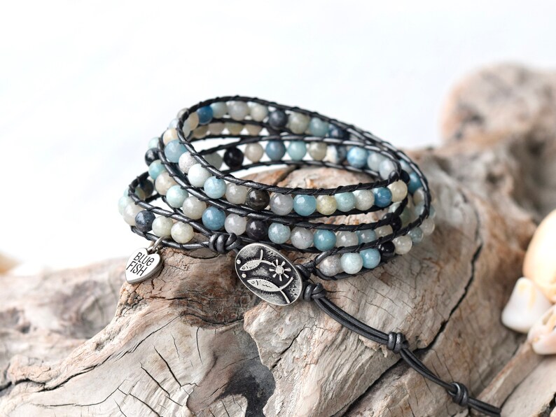 Beaded Wrap Bracelet For Women, Sea Blue Troilite Gemstone Bracelet, Beach Jewelry, Boho Leather Bracelet For Her image 9