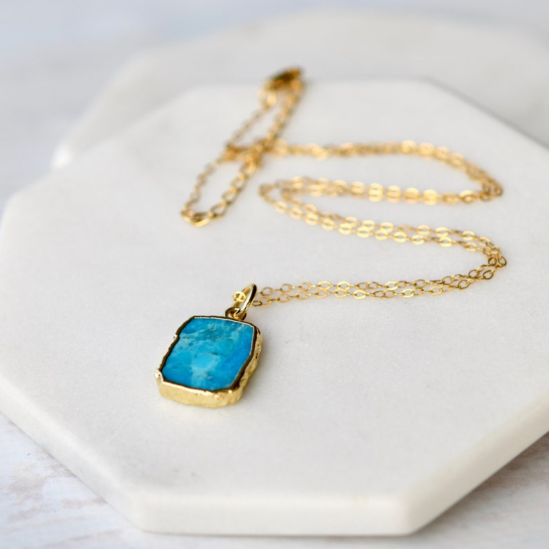 Genuine Turquoise Slice Pendant Necklace, Dainty Turquoise and Gold Necklace Gift For Women, Turquoise Necklace For Her image 6