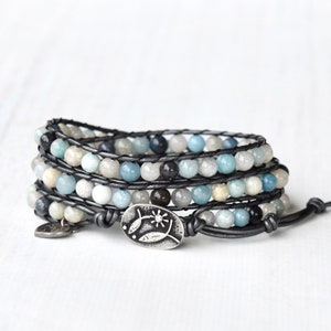 Beaded Wrap Bracelet For Women, Sea Blue Troilite Gemstone Bracelet, Beach Jewelry, Boho Leather Bracelet For Her image 3
