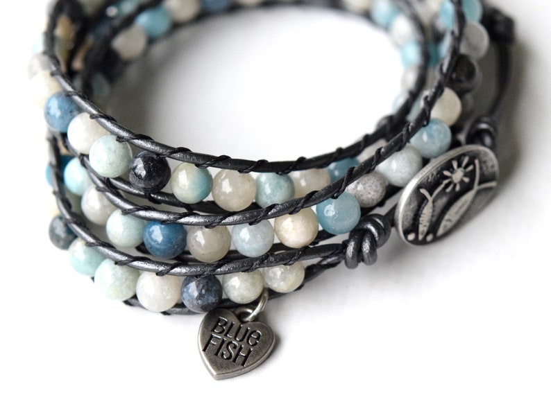 Beaded Wrap Bracelet For Women, Sea Blue Troilite Gemstone Bracelet, Beach Jewelry, Boho Leather Bracelet For Her image 5