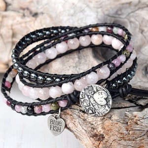 Rose Quartz, Tourmaline, and Hematite Beaded Leather Wrap Bracelet For Women image 5