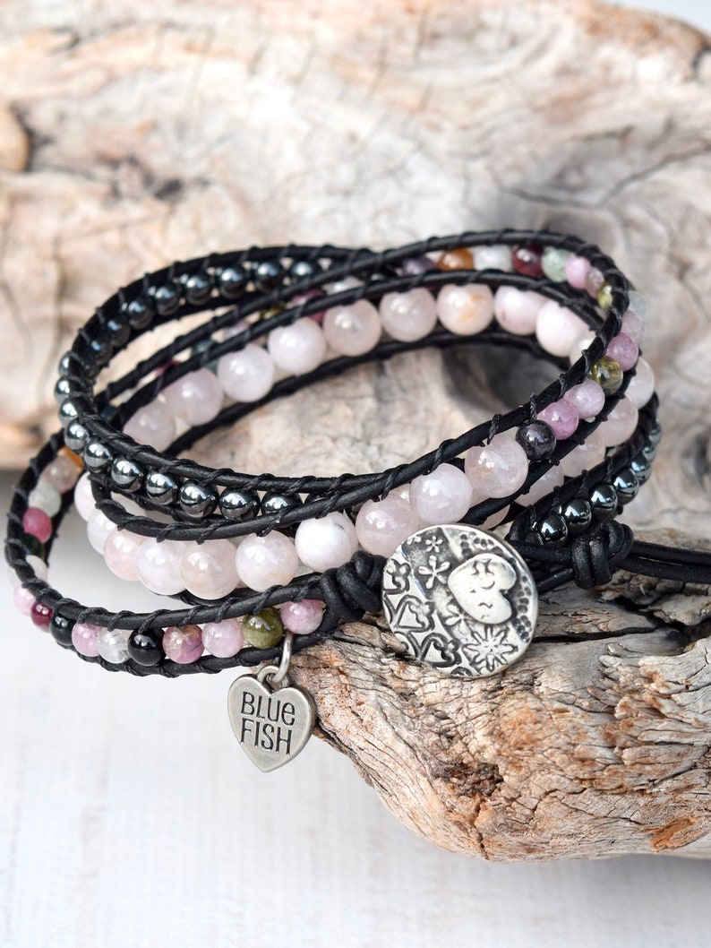 Rose Quartz, Tourmaline, and Hematite Beaded Leather Wrap Bracelet For Women image 5