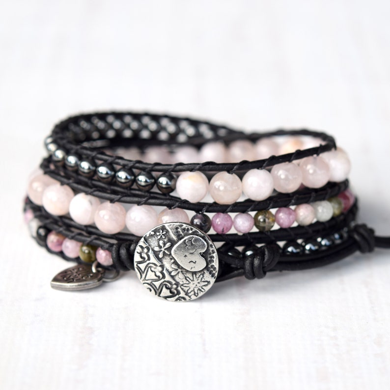 Rose Quartz, Tourmaline, and Hematite Beaded Leather Wrap Bracelet For Women image 2