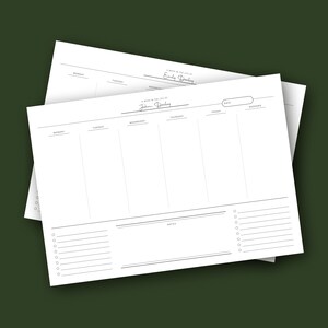 Puede incluir: Dos hojas de planificador semanal blancas con un diseño minimalista. Cada hoja tiene secciones para cada día de la semana, una sección de notas y una lista de verificación. El texto "A week in the life of" está encima de los campos de nombre. Una hoja está etiquetada como "John Dailey" y la otra como "Emily Dailey".