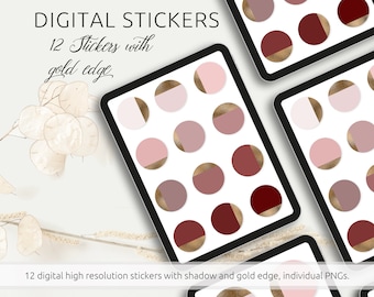 Digitale stickerset - 12 stickers in rode tinten met gouden randen en schaduwen, PNG-bestanden, compatibel met GoodNotes and Co.