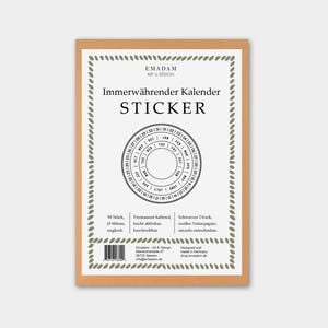 Op de afbeelding: Een rechthoekig stickervel met een bruine rand en een witte binnenkant. Het vel bevat de tekst "Immerwährender Kalender STICKER" en een cirkelvormig kalenderontwerp. Het vel heeft een diameter van 6 cm.