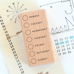 Calendrier de timbres, jours de la semaine pour planificateur/journal, pour rendez-vous, réunions, gestion du temps, productivité - semaine hexagonale