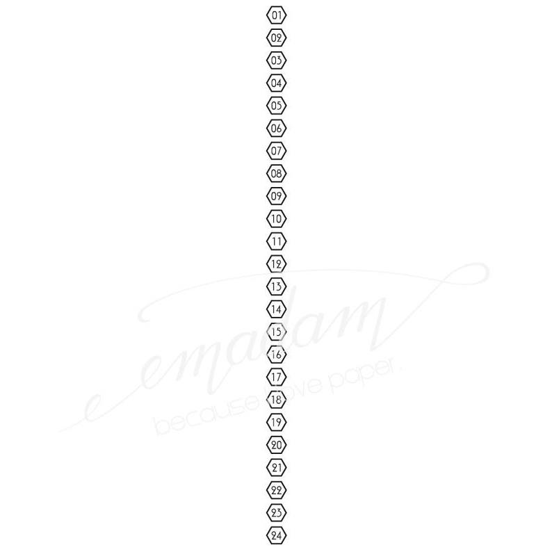 May include: A vertical line of 24 hexagonal shapes, each with a number inside, starting with 01 and ending with 24.