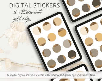 Digitale stickerset - 12 stickers in aardetinten met gouden randen en schaduwen, PNG-bestanden, compatibel met GoodNotes en Co., Afdrukbaar