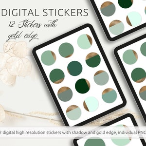 Digitale stickerset 12 stickers in groentinten met gouden randen en schaduwen, PNG-bestanden, compatibel met GoodNotes en Co., Afdrukbaar afbeelding 3