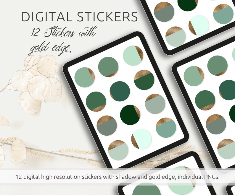 Digitale stickerset 12 stickers in groentinten met gouden randen en schaduwen, PNG-bestanden, compatibel met GoodNotes en Co., Afdrukbaar afbeelding 3