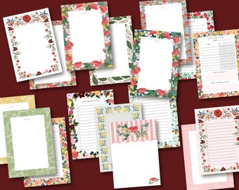 Può includere: Una collezione di articoli di cancelleria a tema floreale, tra cui blocchi per appunti e agende. I disegni presentano fiori colorati, foglie e bordi decorativi in vari stili. Alcuni hanno pagine a righe, altri sono vuoti o hanno liste di controllo.