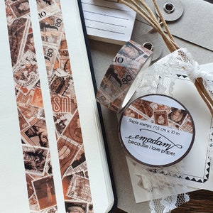 Nastro Washi stile vintage 0,60EUR al m, nastro decorativo per francobolli, accessori per diari con nastro adesivo in stile grunge/steampunk/gotico - francobolli seppia