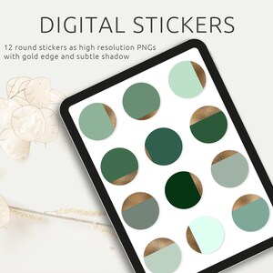 Digitale stickerset 12 stickers in groentinten met gouden randen en schaduwen, PNG-bestanden, compatibel met GoodNotes en Co., Afdrukbaar afbeelding 1