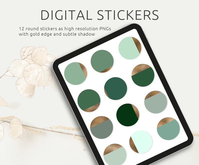 Digitale stickerset 12 stickers in groentinten met gouden randen en schaduwen, PNG-bestanden, compatibel met GoodNotes en Co., Afdrukbaar afbeelding 1