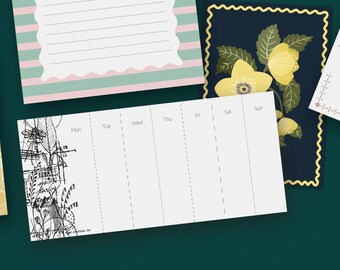 Notepad, memo pad, stationery, pad, journal pad, planner pad, writing pad - Weekly layout with vintage pattern, black/white