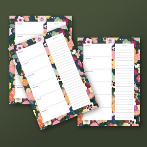 May include: A collection of floral-patterned weekly planner pads. The pads feature a dark blue background with colorful flowers in shades of pink, orange, yellow, and white. Each pad has sections for daily tasks and a to-do list.