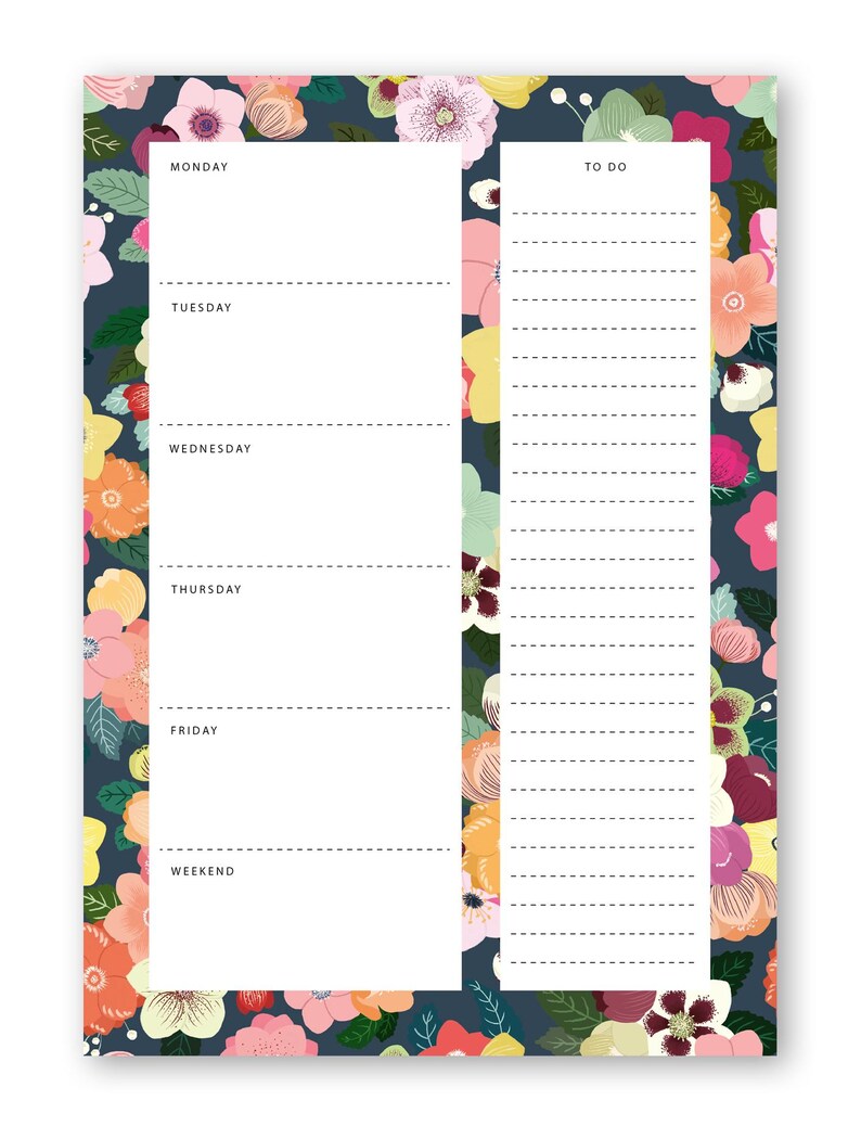 May include: A floral weekly planner with a dark blue background and colorful flowers. The planner has sections for each day of the week and a to-do list. The text "Monday", "Tuesday", "Wednesday", "Thursday", "Friday", and "Weekend" are visible.