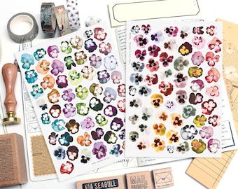 Stickersheet, Sticker, Seals, label - Pansy collection Vol. 1, 113 flowers on transparent foil