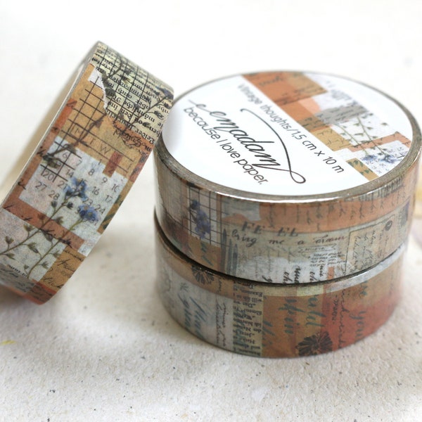 Washi Tape vintage style 0,60 EUR per m,floral decoration tape with lettering, old bookpages, grunge/steampunk masking tape Vintage Thoughts