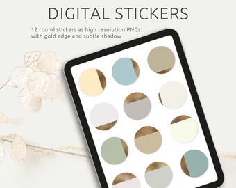 Digitale stickerset - 12 stickers met gouden randen en schaduwen, PNG-bestanden, compatibel met GoodNotes and Co.