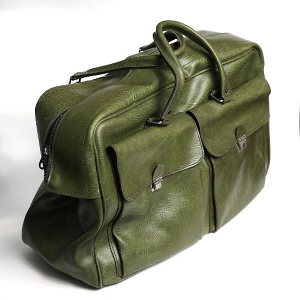 Vintage olive green leather bag, green leather suitcase, messenger bag, man tote travel bag, vintage luggage, green retro travel suitcase