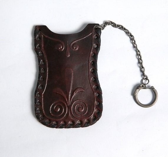 Vintage Tooled Leather Keychain, Key Pouch, Key Holder Leather Case, Vintage Brown Leather Keychain, Gifts for Him, Men's Leather Keychain