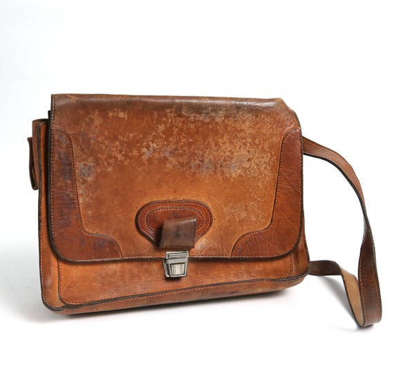 70s Messenger Brown Leather Bag Tooled Leather Handbag Woman Etsy