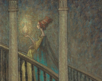 The Blue and the Dim and the Dark Night - Gothic Romantic Illustration - Fine Art Print - Lady of The Lamp - Vintage art
