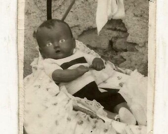 FREE SHIPPING WORLDWIDE! / Extremely Scarce, Rare and Odd Dated 1943 Original Antique Spanish Cdv / Black Porcelain Doll on a Cradle Crib