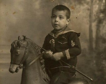 FREE SHIPPING WORLDWIDE! / Lovely Original 1920s Spanish Cabinet Card Photo / Boy on Toy Wooden Horse, Probably by Derrey (Valencia, Spain)