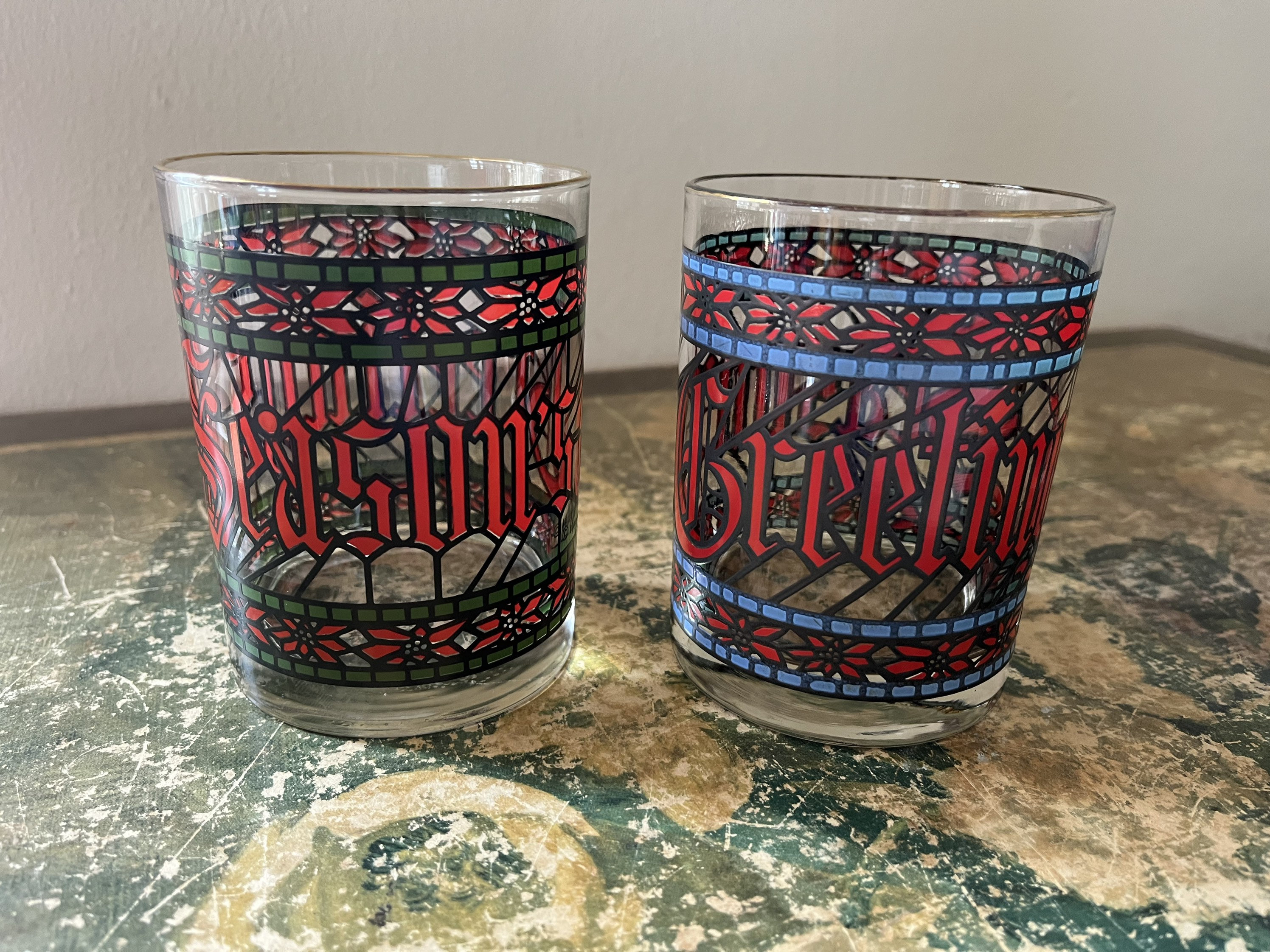 2 Houze Vintage Seasons Greetings Stained Glass Cups Tumblers