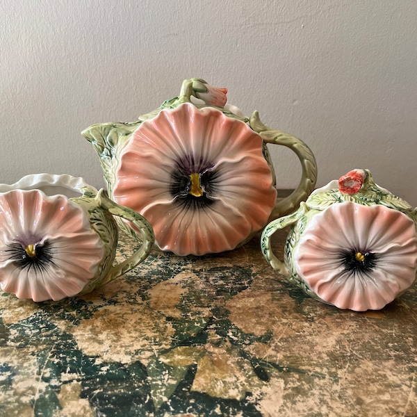Vintage Fitz and Floyd Omnibus Japan Pansy Teapot, Creamer, and Sugar