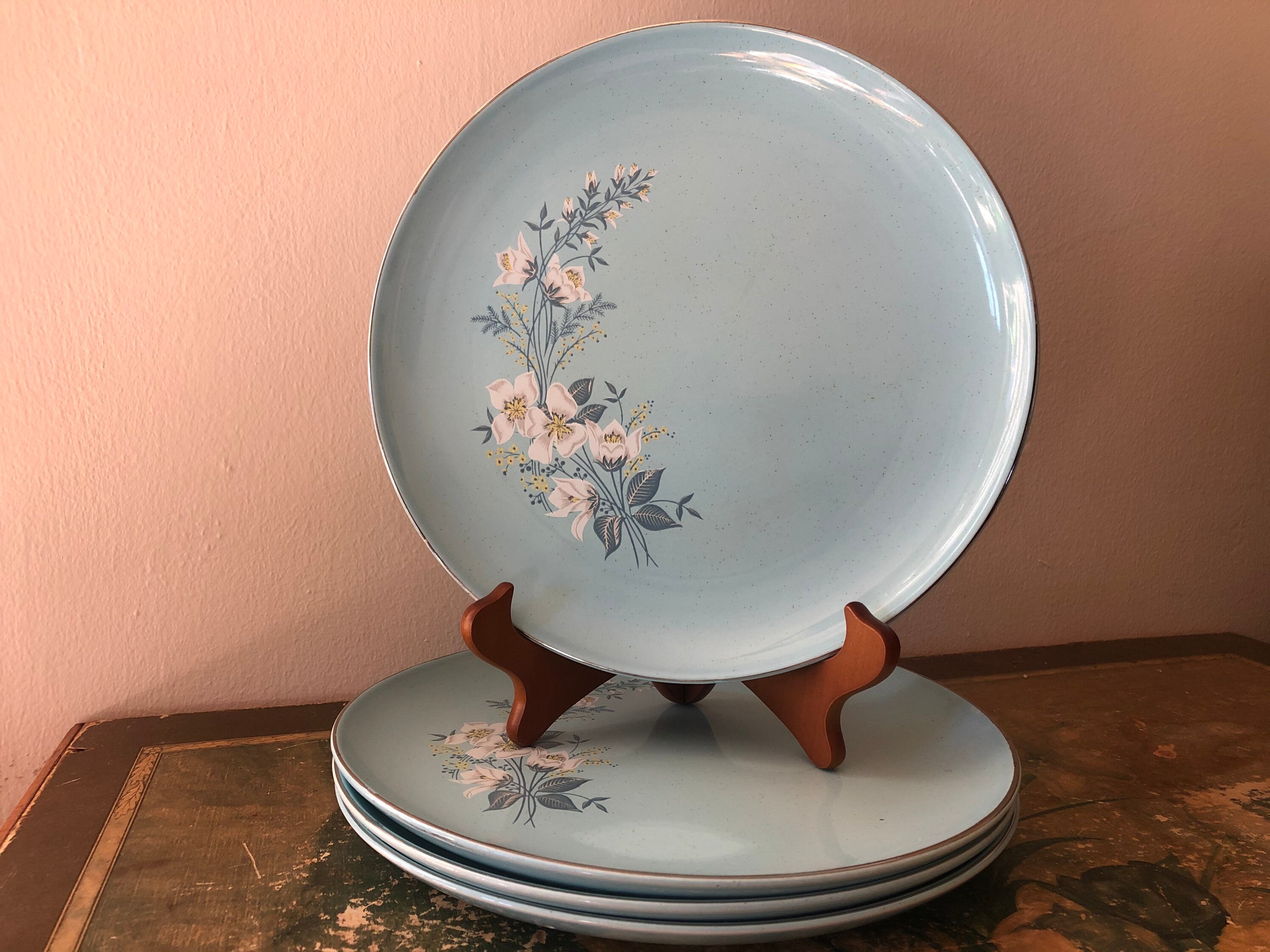 Set of 4 Robin Egg Blue Speckled Floral Silver Lined Dinner Etsy