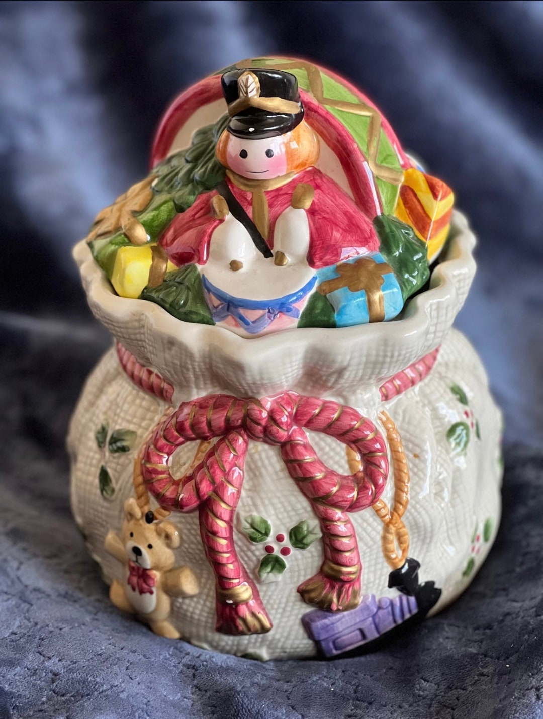 Nutcracker Ceramic Cookie Jar Present Bag Gift Christmas Santa Food