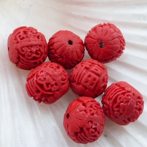 5 x Red Carved Faux Cinnabar Lacquerware Flower Rondelle Beads 17mmx15mm, Resin Beads, UK Seller (OBT5020)