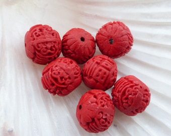 5 x Red Carved Faux Cinnabar Lacquerware Flower Rondelle Beads 17mmx15mm, Resin Beads, UK Seller (OBT5020)