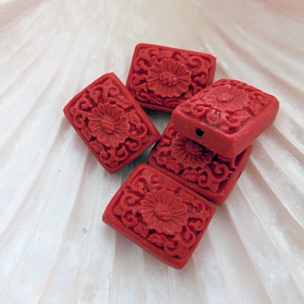 5 x Carved Faux Cinnabar Lacquerware Flower Rectangle Beads Red 21mm, Resin Beads, Craft Supplies, UK Seller (OBT5005)