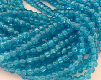 6mm Crackle Glass Beads Dark Turquoise Blue 31" Strand (Approximately 133 Beads), Glass Beads, Craft Supplies, UK Seller (GLPB9038)