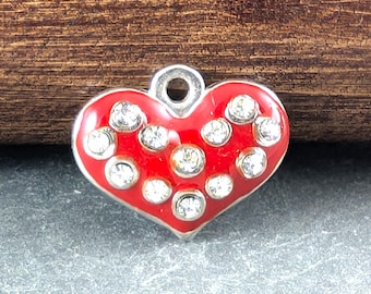 2 x Beautiful Red Enamel and Clear Rhinestone Puffed Heart Charms Beads 18mm x 16mm, Supplies, UK Seller (CPX7097)